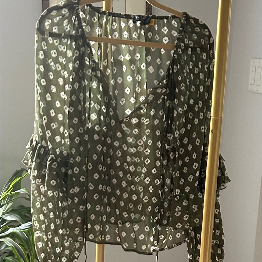 Polo by Ralph Lauren Olive Green Printed Sheer Tie-Neck Blouse